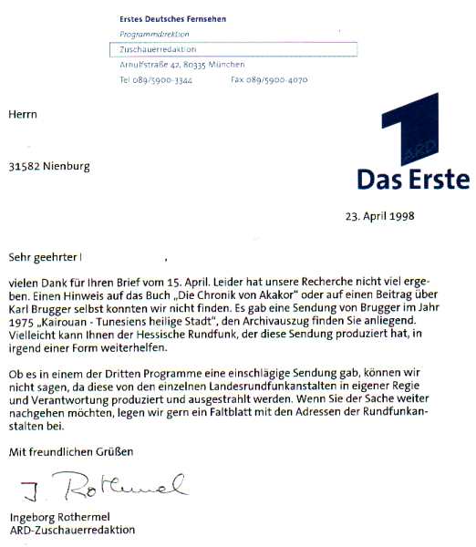 Antwortbrief von der ARD - Anfrage Karl Brugger