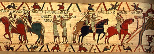 Bayeux Tapestry, panel 16: William sets a helmet on Harold's head