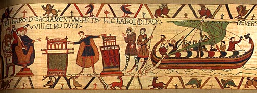 Bayeux Tapestry, panel 17: Harold swears on bones of saints to help William
