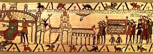 Bayeux Tapestry, panel 19: The body of King Edward is carried to the church of St. Peter