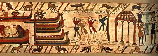 Bayeux Tapestry, panel 24: New ships are ready for voyage across the Channel