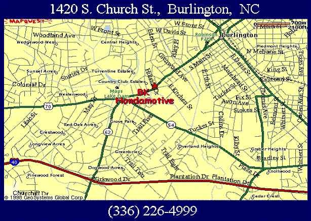 Map to BK Hondamotive -
1420 S. Church St., Burlington, NC.