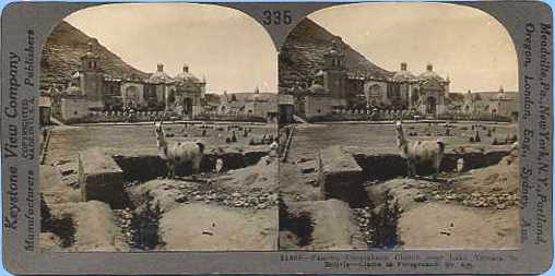 Stereoview picture of church and llama