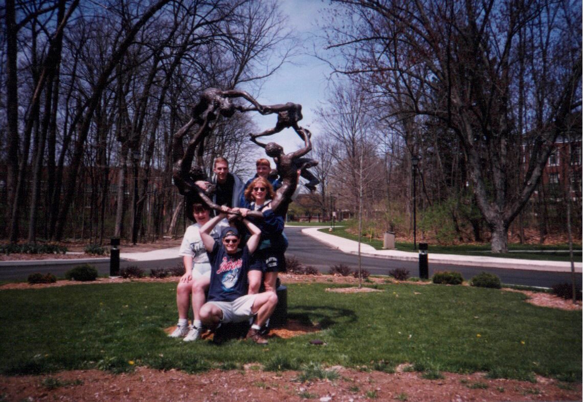 Everyone in the "Orgy Orb" at Bluffton College's Snyder Circle.