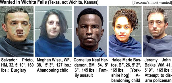 bakkjohn.jpg Wamted in Wichita Falls (Texas, not Wichita, Kansas) (Texoma's most wanted): Salvador Prieto, HM, 32, 5'10", 160 lbs, burglary; Meghan Wise, WF, 38, 5'3", 127 lbs, abandoning child; Cornelius Neal Hardamon, BM, 54, 54, 5'6", 145 lbs, family assault; Halee Marie Bustos, BF, 26, 5'2", 165 lbs (Yorkshire hog), abandoning child; Jeremy John Bakke, WM, 41, 5'9", 165 lbs, attempt to disarm policeman