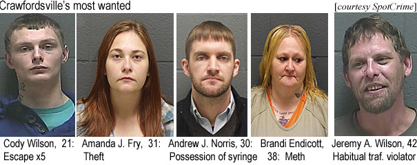 brandend.jpg Crawfordsville's most wanted: Cody Wilson, 21, escape x5; Amanda J. Fry, 31, theft; Andrew J. Norris, 30, possession of syringe; Brandi Endicott, 38, meth; Jeremy A. Wilson 42, habitual traf. violator (SpotCrime)