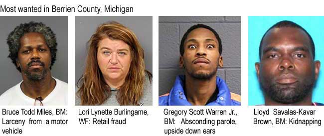 Most wanted in Berrien County, Michigan: Buce Todd Miles, BM, larceny from a motor vehicle; Lori Lynette Burlingame, WF, retail fraud; Gregory Scott Warren Jr., BM, absconding parole, upside down ears; Lloyd Savalas-Kavar Brown, BM, kidnapping