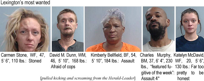 carmenst.jpg Lexington's most wanted: Carmen Stone, WF, 47, 5'6", 110 lbs, stoned; David M. Dunn, WM, 46, 5'10", 168 lbs, afraid of cops; Kimberly Bellfield, BF, 54, 5'10", 184 lbs, assault; Charles Murphy, BM, 37, 6'4", 230 lbs, "featured fugitive of the week", assault 4°; Katelyn McDavid, WF, 20, 5'6", 130 lbs, far too pretty to be honest (pulled kicking and screaming from the Herald-Leader)