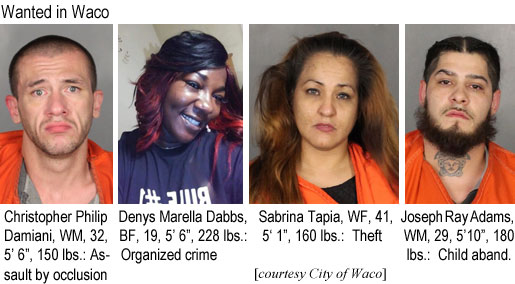 damianic.jpg Wanted in Waco: Christopher Philip Damiani, WM, 32, 5'6", 150 lbs, assault by occlusion; Denys Marella Dabbs, BF, 19, 5'6", 228 lbs, organized crime; Sabrina Tapia, WF, 41, 5'1", 160 lbs, theft; Joseph Ray Adams, WM, 29, 5'10", 180 lbs, child aband. (city of Waco)