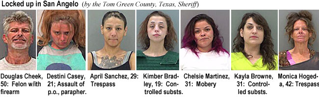 dougchek.jpg Locked up in San Angelo (by the Tom Green County, Texas, Sheriff): Doug Cheek, 50i, felon with firearm; Destini Casey, 21, assault of p.o., parapher.; April Sanchez, 29, trespass; Kimber Bradley, 19, controlled substs.; Chelsie Martinez, 31, mobery; Kayla Browne, 31, controlled substs.; Monica Hogeda, 42, trespass