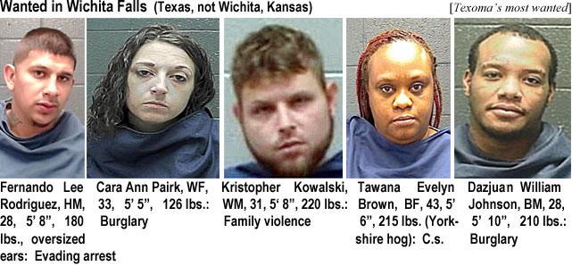 fernando.jpg Wanted in Wichita Falls (Texas, not Wichita, Kansas) (Texoma's most): Fernando Lee Rodriguez, HM, 28, 5'8', 180 lbs, oversiized ears. evadomg arrest; Cara Ann Park, WF, 33, 5'5", 126 lbs, burglary; Krisrtopher Kowalski, WM, 31, 5'8", 220 lbs, family violence; Tawana Evelyn Brown, BF, 43, 5'6", 215 lbs (Yorkshire hog), c.s.; Dazjuan William Johnson, BM, 28, 5'10", 210 lbs, burglary