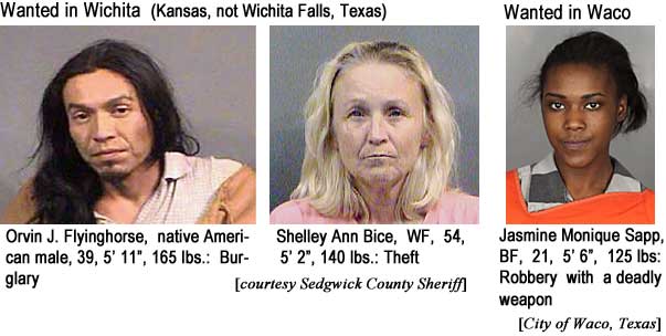 flyhorse.jpg Wanted in Wichita (Kansas, not Wichita Falls, Texas): Orvin J. Flyinghorse, native American male, 39, 5'11", 165 lbs, burglary; Shelley Ann Bice, WF, 54, 5'2", 140 lbs, theft (Sedgwick County Sheriff); Wanted in Waco: Jasmine Monique Sapp, BF, 21, 5'6", 125 lbs, robbery with a deadly weapon (City of Waco, Texas)