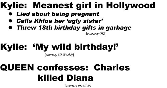 Kylie: Meanest girl in Hollywood, lied about being pregnant, calls Khloe her 'ugly sister,' threw 18th birthday gifts in garbage (OK); Kylie: 'My wild birthday!' (US Weekly); Queeen confesses: Charles killed Diana (Globe)