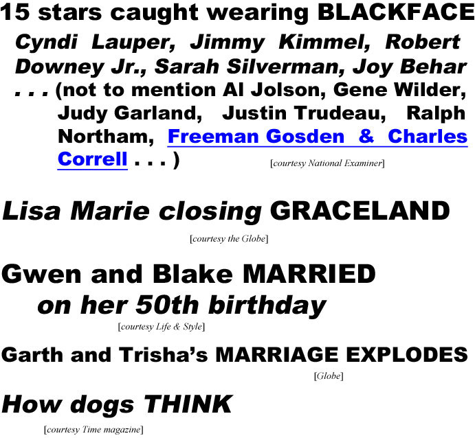 15 stars caught wearing blakcface: Cyndi Lauper, Jimmy Kimmel, Robert Downey Jr., Sarah Silverman, Joy Behar, Al Jolson, Gene Wilder, Judy Garland, Justin Trudeu, Ralph Northam, Freeman Gosden, Charles Correll . . . (Exaiminer); Lisa Marie closing Graceland (Globe); Gwen and Blake MARRIED on her 50th birthday (Life & Style), Garth and Trisha's marriage explodes (Globe); How dogs think (Time)