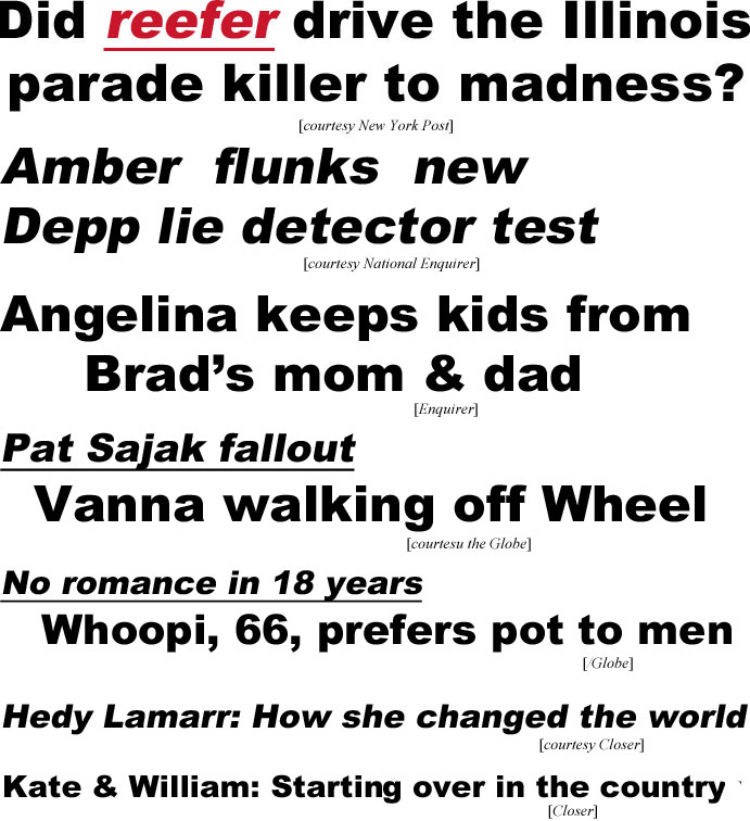 hed22073.jpg Did reefer drive the Illinois parade killer to madness? (NY Post); Amber flunks new Depp lie detector test (National Enquirer); Angelina keeps kids from Brad's mom & dad (Enquirer) Pat Sajak fallout, Vanna walking off Wheel (Globe); No romancein 18 years, Whoopi, 66, prefers pot to men (Globe); Hedy Lamarr: How she changed the world (Closer): Kate & William: Starting over in the country (Closer)