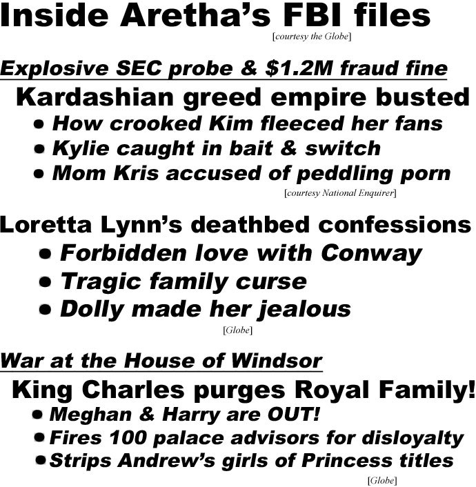 hed22111.jpg Inside Arethat's FBI files (Globe); Explosive SEC probe & $1.2M fraud find, Kardashian greed empire busted, How crooked Kim fleeced her fans, Kylie caught in bait & switch, Mom Kris accuased of peddling porn (Enquirer); Loretta Lynn's deathbed confessions, forbidden love with Conway, tragic family curse, Dolly made her jealous (Globe); War at House of Windsor, King Charles purges Royal Family! Meghan & Harry are OUT! Fires 100 palace advisors for dislayalty, Strips Andrew's girls of Princess titles (Globe); Kate slams Camilla: 'You're not fit to be Queen!" (Star)