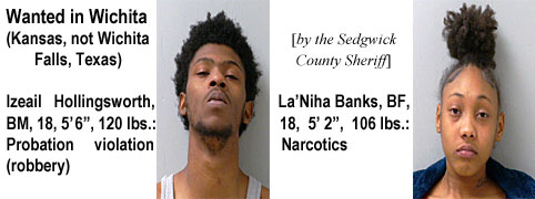 hollings.jpg Wanted in Wichita (Kansas, not Wichita Falls,Texas)(Sedgwick County Sheriff): Izeail Hollingsworth, BM, 18, 5'6", 120 lbs, probation violation (robbery); La'Niha Banks, BF, 18, 5'2", 106 lbs, narcotics