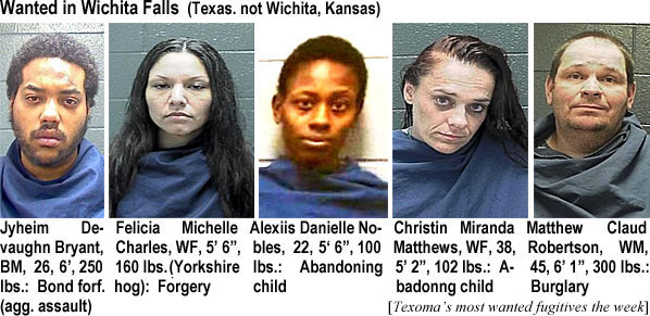 jyheimde.jpg Wanted in Wichita Falls (Texas, not Wichita, Kansas): Jyheim Devaughn Bryant, BVM, 26, 6', 250 lbs, bond forf, agg assault; Felicia Michelle Charles, WF, 5'6", 160 lbs (Yorkshire hog), forgery; Alexiis Danielle Nobles, 22, 5'6", 100 lbs, abandoning child; Christin Miranda Matthews, WF, 38, 5'2", 102 lbs, abandoning child, Matthew Claud Robertson, WM, 45, 6'1", 300 lbs, burglary (Texoma's)