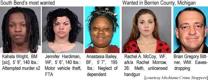 kahalaha.jpg South Bend's most wanted: Kahala Wright, BM [sic], 5'9", 140 lbs, attempted murder x2; Jennifer Hardiman, WF, 5'6", 140 lbs, motor vehicle theft, FTA; Anastasia Bailey, BF, 5'7", 195 lbs, neglect of dependent; Wanted in Berrien County, Michigan: Rachel A. McCoy, WF, a/k/a Rachel Morrow, 26, meth, unlicensed handgun; Brian Gregory Bittner, WM, eavesdropping (Michiana Crime Stoppers)