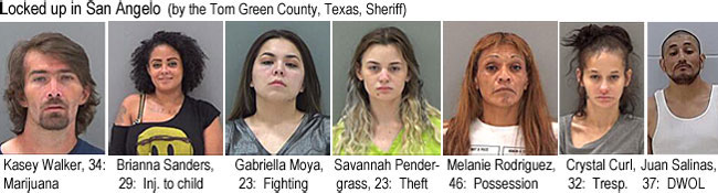 kaseywal.jpg Locked up in San Angelo (by the Tom Green County, Texas, Sheriff): Kasey Walker, 34, marijuana; Brxianna Sanders, 29, inj. to child; Gabriella Moya, 23, fighting; Savannah Pendergrass, 23, theft; Melanie Rodriguez, 46, possession; Crystal Curl, 32, tresp.; Juan Salinas, 37, DWOL