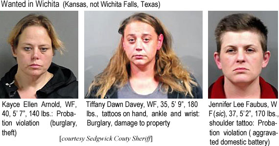 kaycetif.jpg Wanted in Wichita (Kansas, not Wichita Falls, Texas): Kayce Ellen Arnold, WF, 40, 5'7", 140 lbs, probation violation (burglary, theft); Tiffany Dean Davey, WF, 35, 5'9", 180 lbs, tattoos on hand, ankle & wrist, burglary, damage to property; Jennifer Lee Faubus, WF(sic), 37, 5'2", 170 lbs, shoulder tattoo, probation violation (aggravated domestic battery) (Sedgwick County Sheriff)