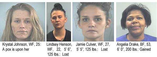 Krystal Johnson, WF, 25, a pox is upon her; Lindsey Henson, WF, 22, 5'6", 125 lbs, lost; Jamie Culver, WF, 27, 5'5", 125 lbs, lost; Angelia Drake, BF, 53, 6'0", 200 lbs, gained