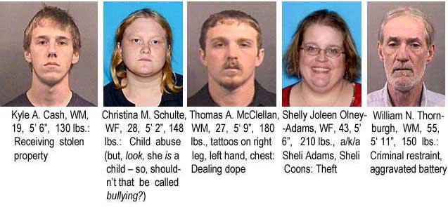 Kyle A. Cash, WM, 19, 5'6", 130 lbs, receiving stolen property; Christina M. Schulte, WF, 28, 5'2", 148 lbs, child abuse (but look, she is a child, so, shouldn't that be called bullying?); Thomas A. McClellan, WM, 27, 5'9", 180 lbs, tattoos on right leg, left hand, chest, dealing dope; Shelly Joleen Olney-Adams, WF, 43, 5'6", 210 lbs, a/k/a Sheli Adams, Sheli Coons, theft; William N. Thornburgh, WM, 55, 5'11", 150 lbs, criminal restraint, aggravated battery