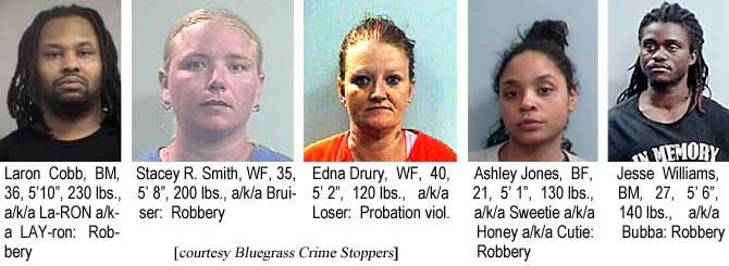 laronsta.jpg Lexington's most wanted: Laron Cobb, BM, 36, 5'10", 230 lbs, a/k/a La-RON a/k/a LAY-ron, robbery; Stacey R. Smith, WF, 35, 5'8", 200 lbs, a/k/a Bruiser, robbery; Edna Drury, WF, 40, 5'2", 120 lbs, a/k/a Loser, probation viol.; Ashley Jones, BF, 21, 5'1", 130 lbs, a/k/a Sweetie a/k/a Honey a/k/a Cutie, robbery; Jesse Williams, BM, 27, 5'6", 140 lbs, a/k/a Bubba, robbery (Bluegrass Crime Stoppers)