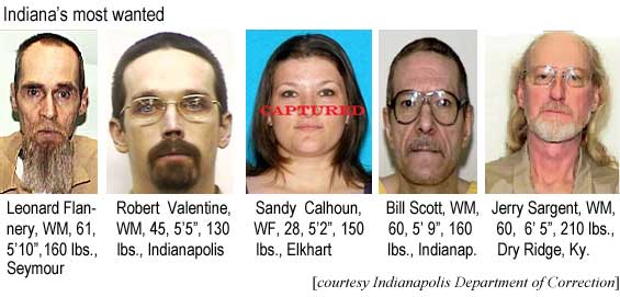 Indiana's most wanted: Leonard Flannery, WM, 61, 5'10", 160 lbs, Seymour; Robert Valentine, WM, 45, 5'3", 130 lbs, Indianapolis; Sandy Calhoun, WF, 28, 5'2", 150 lbs, Elkhart, captured; Bill Scott, WM, 60, 5'9", 160 lbs, Indianapolis; Jerry Sargent, WM, 65, 6'5", 210 lbs, Dry Ridge, Ky. (Indiana Department of Correction)