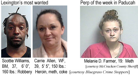 melaperp.jpg Lexington's most wanted: Scottie Williams, BM, 37, 6'0", 160 lbs, robbery; Carrie Allen, WF, 39, 5'6", 150 lbs, heroin, meth, coke (Bluegrass Crime Stoppers); Perp of the week in  Paducah: Melanie D. Farmer, 19, meth (McCracken County Sheriff)