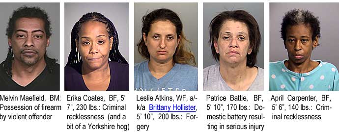 melverik.jpg Melvin Maefield, BM, possession of firearm by violent offender; Erika Coates, BF, 5'7", 230 lbs, criminal recklessness (and a bit of Yorkshire hog); Leslie Atkins, WF, a/k/a Brittany Hollister, 5' 10", 200 lbs, forgery; Patrice Battle, BF, 5'10", 170 lbs, domestic battery resulting in serious injury; April Carpenter, BF, 5'6", 140 lbs, criminal recklessness