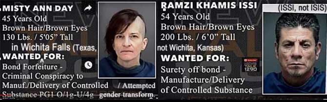 mistyram.jpg Wanted in Wichit Falls (Texas, not Wichita, Kansas): Misty Ann day, 45, brown hair & eyes, bond forfeiture, criminal conspiracy to manf./delivery of controlled substance PG1 o/1g u/4g, attempted gender transform.; Ramzi Khamis ISSI (ISSI, not ISIS), 54, brown hair & eyes, 200 lbs, 6'0", surety off bond, manfufacture/delivery of controlled substance