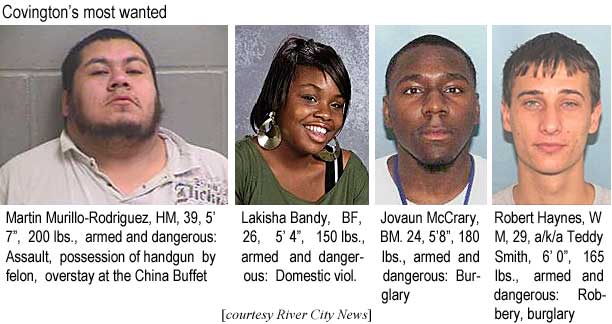 murillol.jpg Covington's most wanted: Martin Murillo-Rodreguez, HM, 39, 5'7", 200 lbs, armed and dangerous, assault, possession of handgun by felon, overstay at the China Buffet; Lakisha Bandy, BF, 26, 5'4", 150 lbs, armed and dangerous, domestic violence; Jovaun McCrary, BM, 24, 5'8", 180 lbs, armed and dangerous, burglary; Robert Haynes, WM, 29, a/k/a Teddy Smith, 6'0", 165 lbs, armed and dangerous, robbery, burglary (River City News)