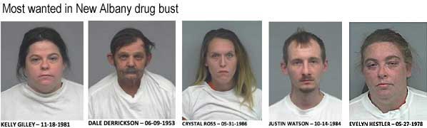 Most wanted in New Albany drug bust: Kelly Gilley 11-18-81, Dale Derrickson 6-9-53, Crystal Ross 5-31-86, Justin Watson 10-14-84, Evelyn Hestler 5-27-78, Jessica Wessling 12-26-89, Camren Poe 8-4-93, Alicia Carothers 8-21-87 (Louisville Courier-Journal)