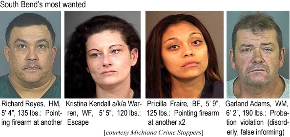 pricilla.jpg South Bend's most wanted: Richard Teyes, HM, 5'4", 135 lbs, pointing firearm at another; Kristina Kendall a//a Warren, 5'5", 120 lbs, escape; Pricilla Fraire, BF, 5'9", 125 lbs, pointing a firearm at another x2; Garland Adams, WM, 6'2", 190 lbs, probation violation (disorderly, false informing) (Michiana Crime Stoppers)