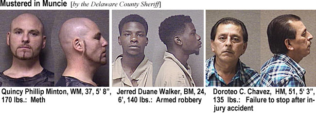 quincymn.jpg Mustered in Muncie: (by the Delaware County Sheriff): Quincy Phillip Minton, WM, 37, 5'8", 170 lbs, meth; Jerred Duane Walker, BM, 224, 6', 140 lbs, Armed robbery; Doroteo C. Chavez, HM, 51, 5'3", 135 lbs, failure to stop after injury accident