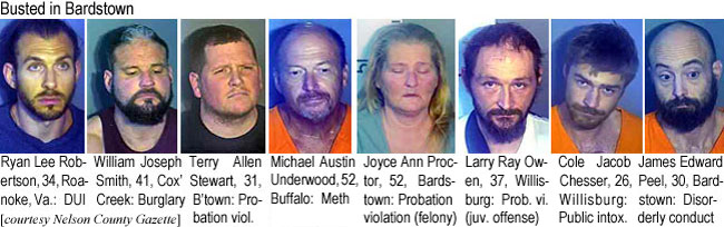 ryanleer.jpg Busted in Bardstown: Ryan Lee Robertson, 34, Roanoke, Va., DUI; Wiliam Joseph Smith, 41, Cox' Creek, burglary; Michael Austin Underwood, 52, Buffalo, Meth; Joyce Ann Proctor, 52, Bardstown, probation violation (felony); Larry Ray Owen, 37, Willisburg, prob. vi. (juv. offense); Cole Jacob Chesser, 26, Williamsburg, public intox.; James Edward Peel, 30, Bardsgown, disorderly conduct (Nelson County Gazette)