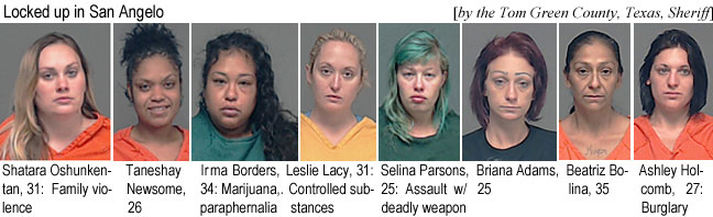 shatarao.jpg Locked up in San Angelo (by the Tom Green County, Texas, Sheriff): Shatara Oshunkentan, 31, family violance; Taneshay Newsome, 26; Irma Borders, 34, marijuana, paraphernalia; Leslie Lacy, 31, controlled substances; Selina Parsons, 25, assault w/ deadly weapon; Briana Adams, 25; Beatriz Bolina, 35; Ashley Holcomb, 27, burglary