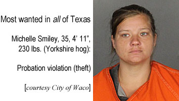 smileymi.jpg Most wanted in all of Texas Michelle Smiley, 35, 4'11", 230 lbs (Yorkshire hog), Probation violation (theft) (City of Waco)