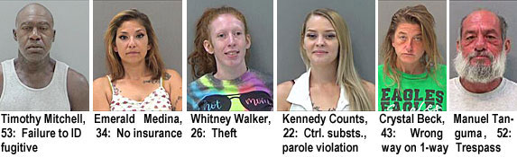 tangumam.jpg Timothy Mitchell, 53, failure to ID fugitive; Emerald Medina, 34, no insurance; Whitney Walker, 26, theft; Kennedy Counts, 22, ctrl. substs., parole violation; Crystal Beck, 43, wrong way on 1-way; Manuel Tanguma, 52, trespass