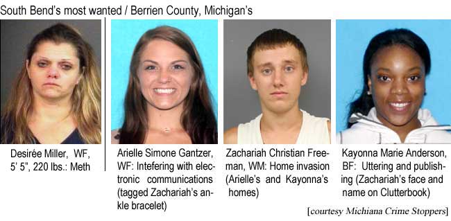 South Bend's most wanted: Desiree Miller, WF, 5'5", 220 lbs, meth; Berrien County, Michigan's: Arielle Simone Gantzer, WF: Interfering with electronic communications (tagged Zachariah's ankle bracelet); Zachariah Christian Freeman, WM, home invasion (Arielle's and Kayonna's homes); Kayonna Marie Anderson, BF, uttering and publishing (Zachariah's face and name on Clutterbook) (Michiana Crime Stoppers)