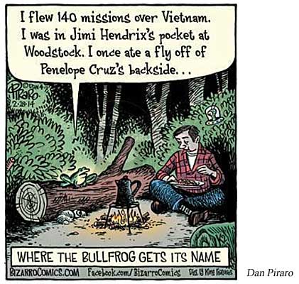 'I flew 140 missions over Vietnam, I was in Jimi Hendrix' pocket at Woodstock, I once ate a fly off Penelope Cruz' back . . .' : where the bull frog got its name (Dan Piraro)