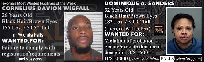 cornedom.jpg Texomas' most wanted fugitives of the week: Wanted in Wichita Falls (Texas, not Wichita, Kansas): Cornelius Davion Wigfall, 26, black h, brown e, 155 lbs, 5'5", failure to comply with registration and blue gown requirements; Dominique A. Sanders, 32, black h, brown e, 183 lbs, 5'9", violation of probation, secure/execute document deception o/$1,500 - u/$10,000 (Wichita Falls Crime Stoppeers)