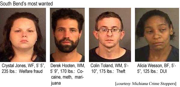 crystici.jpg South Bend's most wanted: Crystal Jones, WF, 5'5", 235 lbs, welfare fraud; Derek Hooten, WM, 5'9", 170 lbs, cocaine, meth, marijuana; Colin Toland, WM, 5'10", 175 lbs, theft; Alicia Wesson, BF, 5'5", 125 lbs, DUI (Michiana Crime Stoppers)