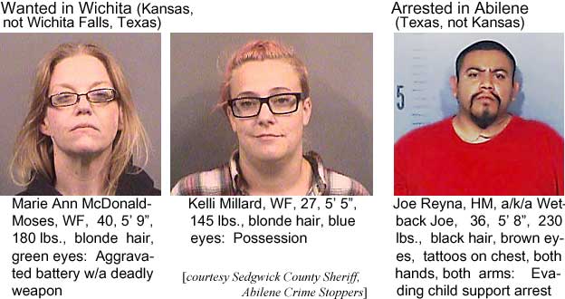 wetbackj.jpg Wanted in Wichita (Kansas, not Wichita Falls, Texas): Marie Ann McDonald-Moses, WF, 40, 5'9", 180 lbs, blonde hair, green eyes, aggravated battery with a deadly weapon; Kelli Millard, WF, 27, 5'5", 145 lbs, blonde hair, blue eyes, possession; Arrested in Abilene (Texas, not Kansas): Joe Reyna, HM, a/k/a Wetback Joe, 36, 5'8", 230 lbs, black hair, brown eyes, tattoos on chest, both arms, both hands, evading child support arrest (Sedgwick County Sheriff, Abilene Crime Stoppers)