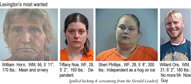 willtiff.jpg William Horn, WM, 56, 5'11", 170 lbs, mean and ornery; Tiffany Noe, 28, 5'2", 160 lbs, dependent; Sheri Phillips, WF, 28, 5'8", 300 lbs, independent as a hog on ice; Willard Ore, WM, 31, 6'2", 180 lbs, no more Mr. Nice Guy (pulled kicking & screaming from the Herald-Leader)