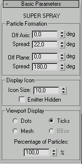 Свиток "Basic Parameters" объекта SuperSpray программы 3D Studio Max с установленными параметрами. (Формат GIF, 4Kb.)