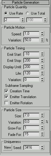 Свиток "Particle Generation" объекта SuperSpray программы 3D Studio Max с установленными параметрами. (Формат GIF, 6Kb.)