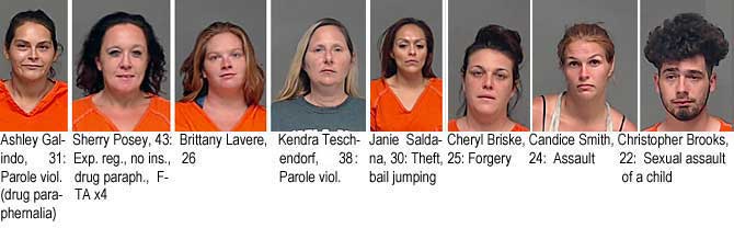 agalindo.jpg Ashley Galindo, 31, parole viol. (drug paraphernalia); Sherry Posey, 43, exp. reg. no ins., drug paraph., FTAx4; Brittany Lavere, 26; Kendra Teschendorf, 38, parole viol.; Janie Saldana, 30, theft, bail jumping, Cheryl Briske, 25, forgery; Candice Smith, 24, assault; Christopher Brooks, 22, sexual assault on a child