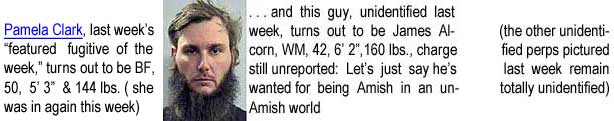 alcornja.jpg Pamela Clark, last week's "featured fugitive of the week," turns out to be BF, 50, 5'3" and 144 lbs (she was in again this week), . . . and this guy, unidentified last week, turns out to be James Alcorn, WM, 42, 6'2", 160 lbs, charge still unreported: Let's just say he's wanted for being Amish in an un-Amish world (the other unidentified perps pictured last week remain totally unidentified)